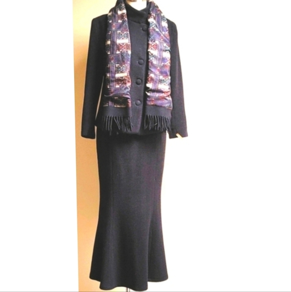 Wool Winter Jacket & Maxi Skirt Charcoal With Chevron Weave Size 6